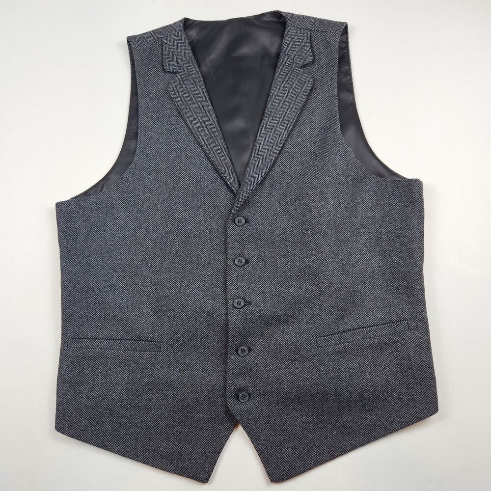 Voboom Herringbone Tweed Vest Mens XL Dark Gray Wool Blend Adjustable Gentleman